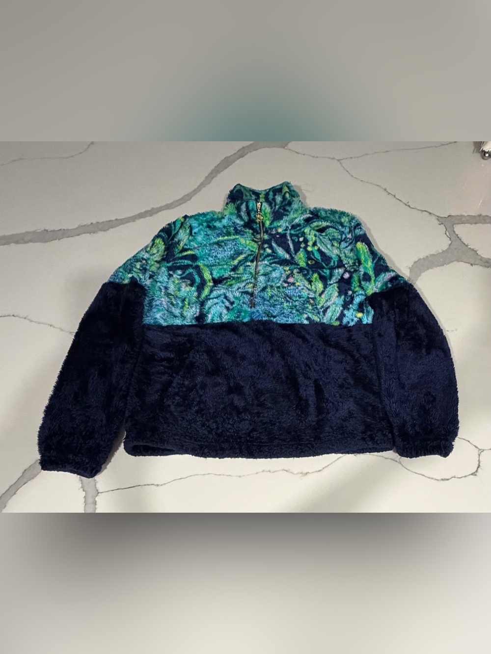 Lilly Pulitzer Navy Plush Half-Zip with Teal & Green Patterned Yoke